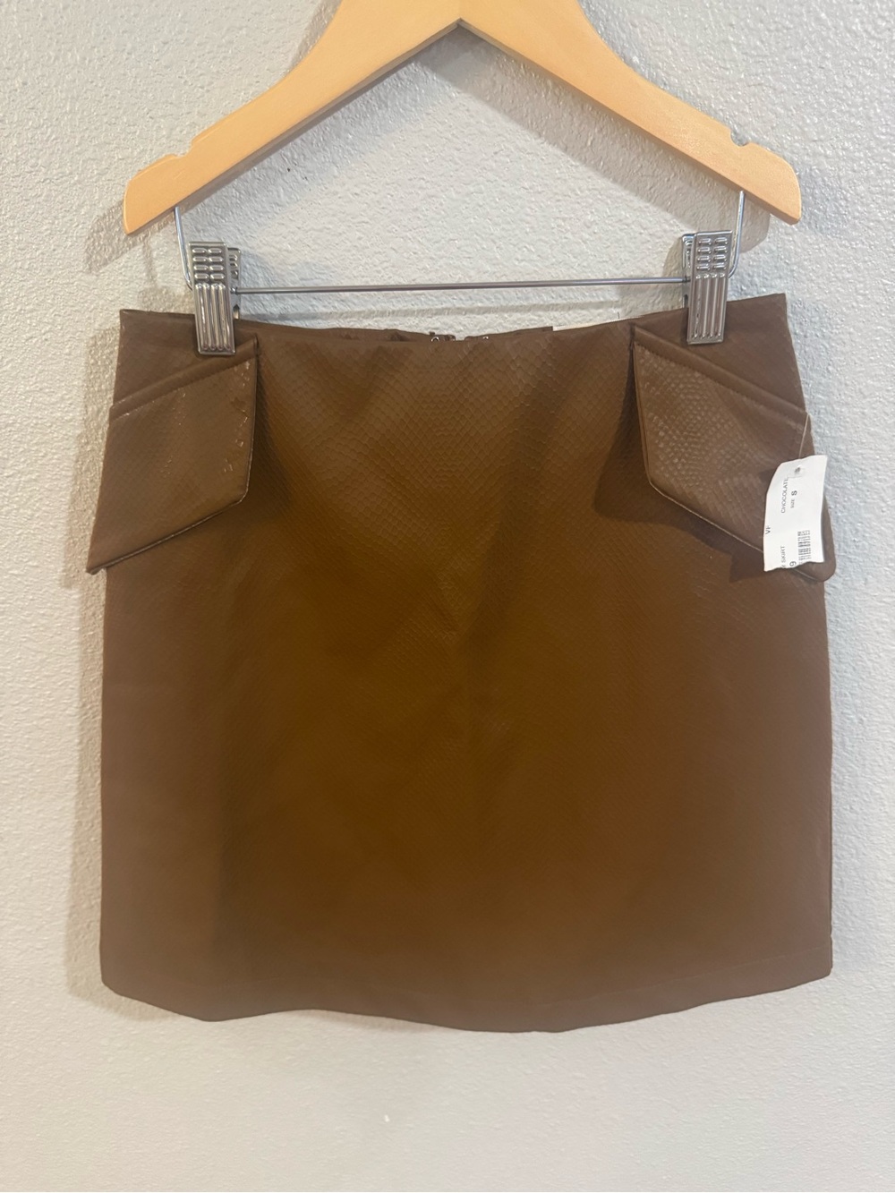 Structured Brown Faux-Leather Mini Skirt with Flap Details